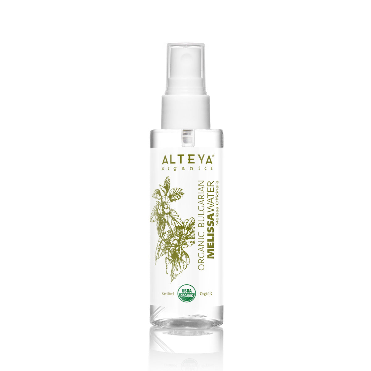 A bottle of Bulgarian Melissa Water, an Alteya Organics face and body mist crafted through steam distillation. This rejuvenating mist nourishes and hydrates the skin, leaving it refreshed and revitalized.