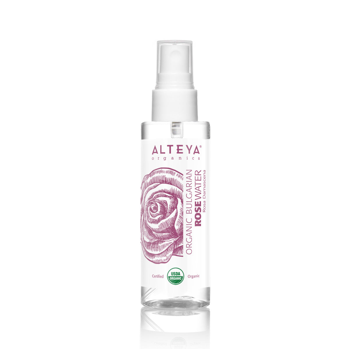 A bottle of Bulgarian Organic Rose Water - 3.4 Fl Oz Spray, known for its skin hydration properties, displayed on a pristine white background.