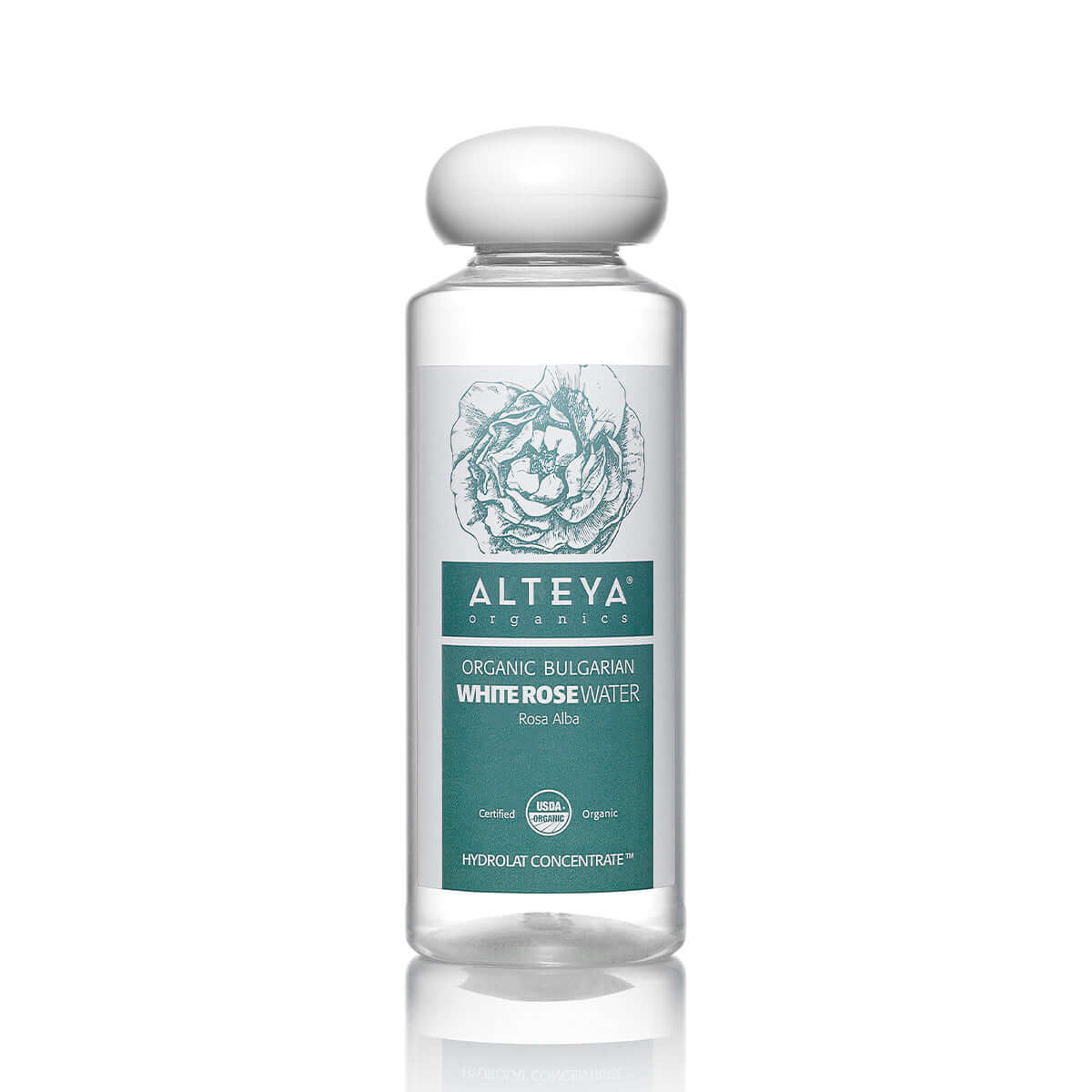 A bottle of Organic Bulgarian White Rose Water (Rosa Alba) 8.5 Fl Oz from the Bulgarian Rose Valley, an Alteya Organics Rosa Alba tonic.