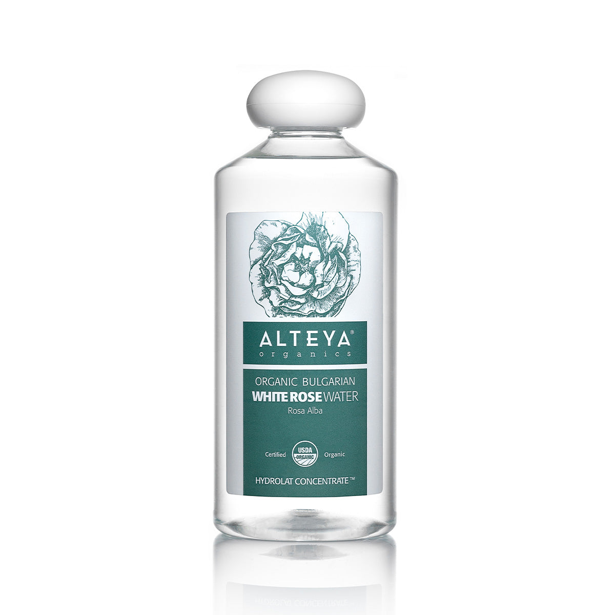 An Alteya Organics organic bottle of Organic Bulgarian White Rose Water (Rosa Alba) - 17 Fl Oz-based toner for the skin.