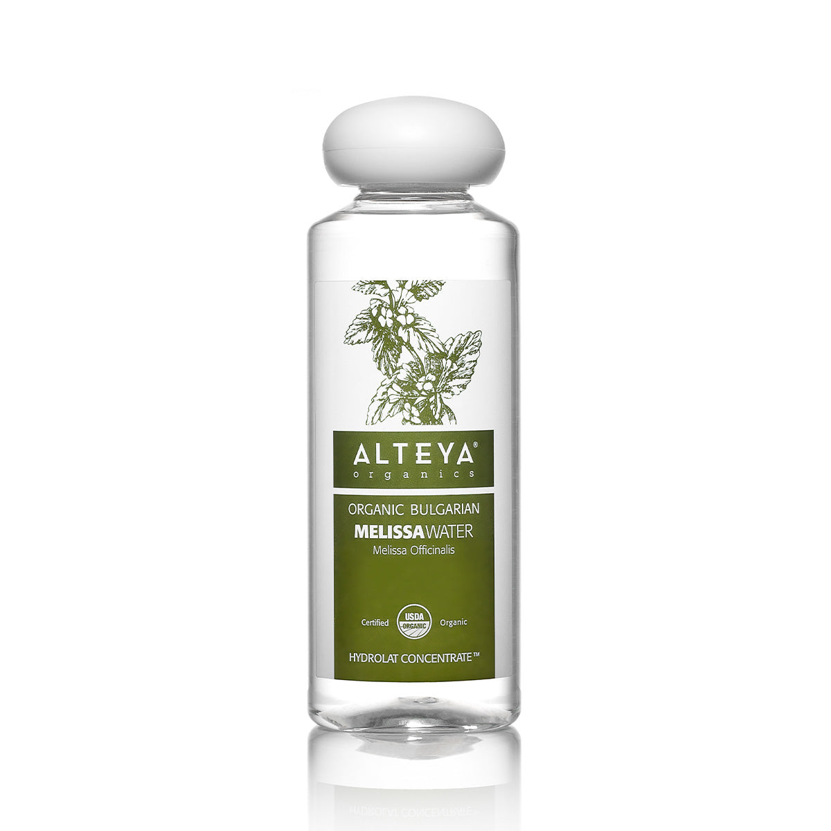 A bottle of Alteya Organics Bulgarian Organic Melissa Water, infused with Melissa Flower Water, to revitalize dull skin on a white background.