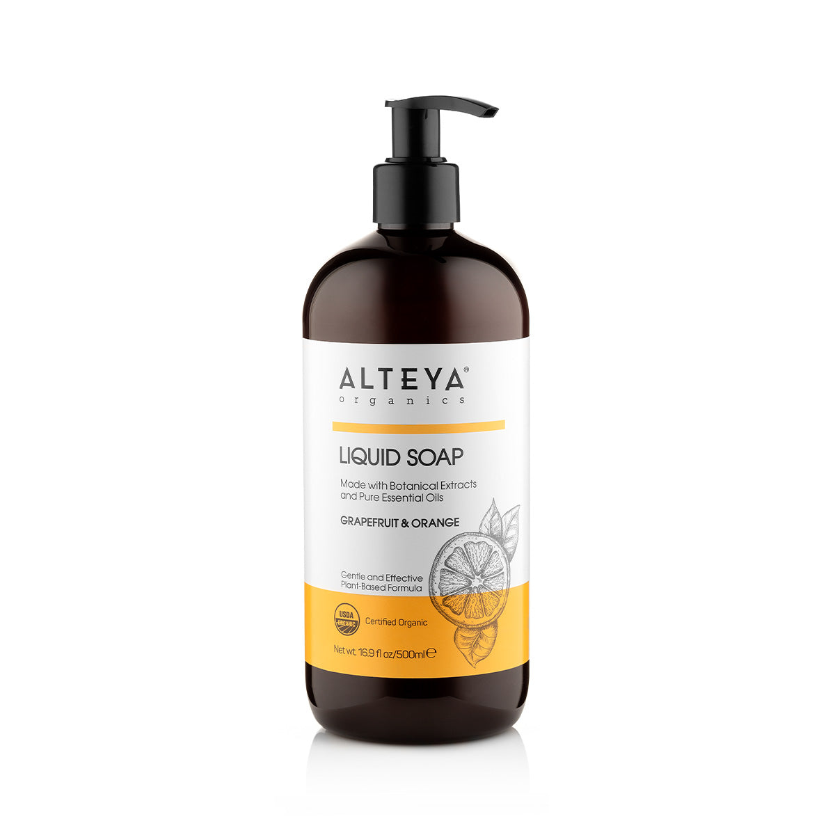 An organic bottle of Alteya Organics Liquid Soap Grapefruit & Orange on a white background.