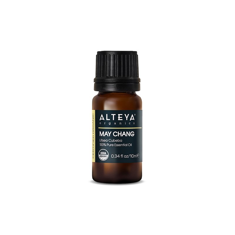 A bottle of Alteya Organics' May Chang (Litsea Cubeba) essential oil, known for its skin benefits.