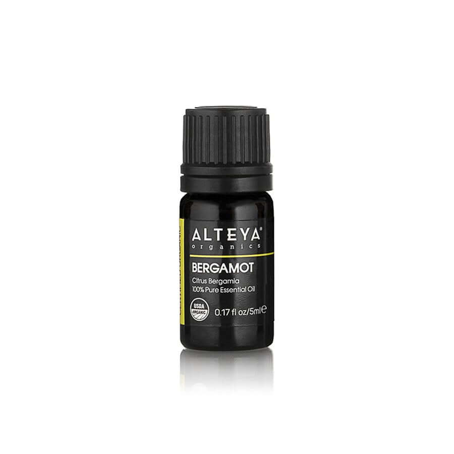 A bottle of Alteya Organics' Bergamot (Citrus Bergamia) Essential Oil on a white background.