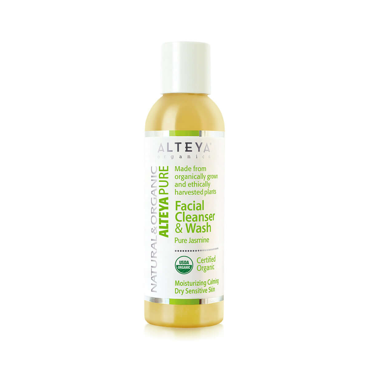 An Alteya Organics organic facial cleanser infused with jasmine oil, beautifully displayed on a pristine white background.