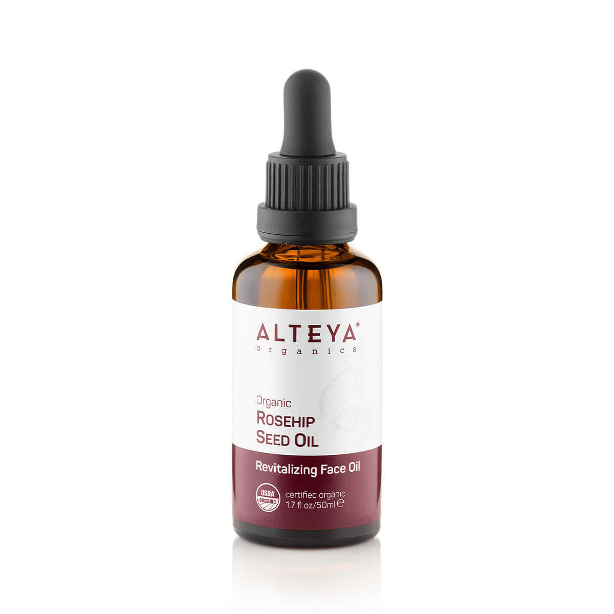 A nourishing bottle of Alteya Organics Organic Rose Hip Seed Oil - New Packaging 1.7 Fl Oz, rich in antioxidants, on a pristine white background.