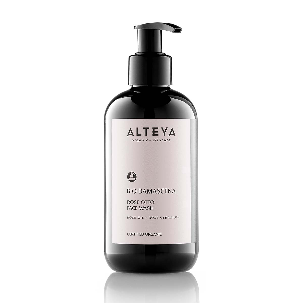 A bottle of Alteya Organics Bio Damascena Rose Otto Face Wash on a white background.