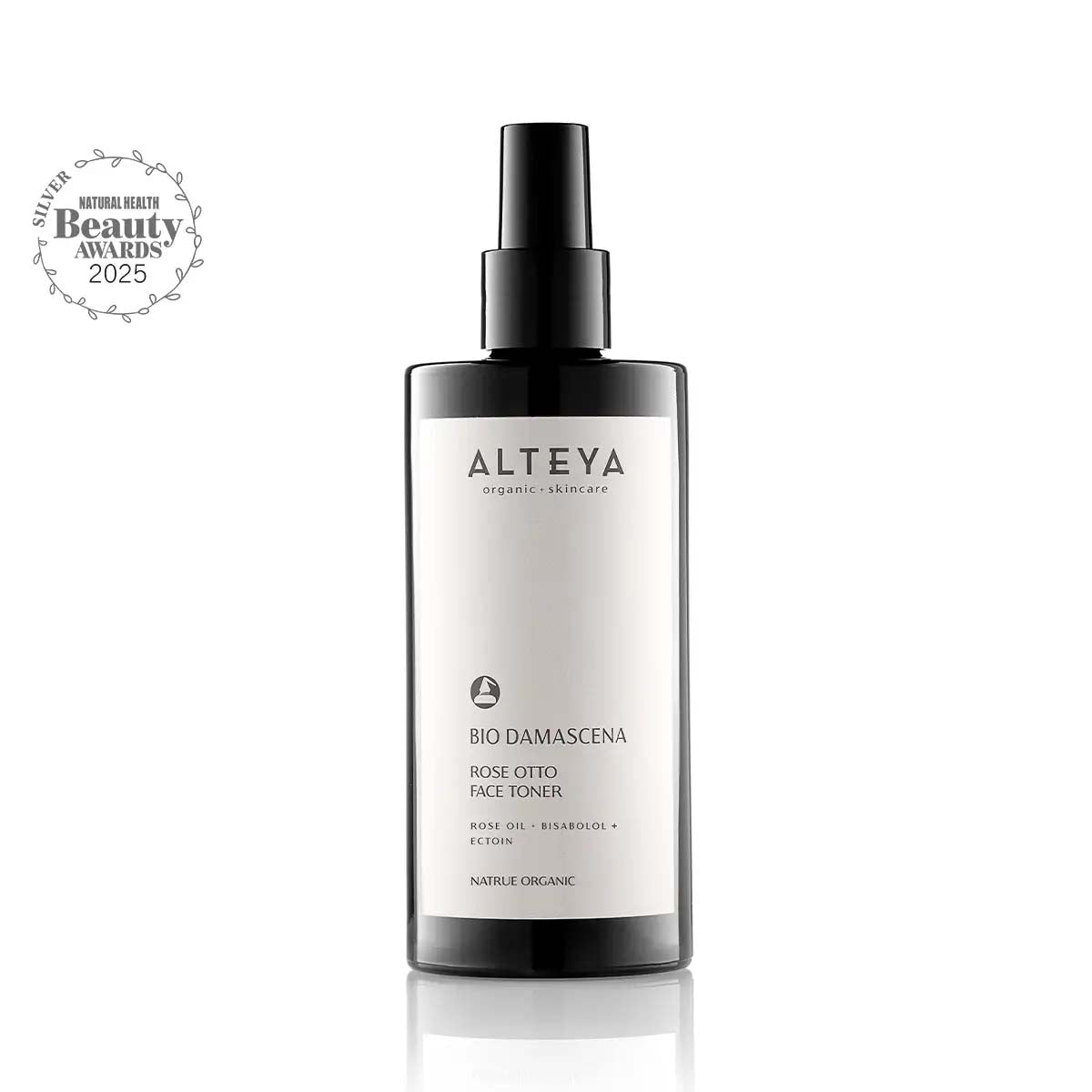 A bottle of Alteya Organics Bio Damascena Rose Otto Facial Toner on a white background, providing clarifying and hydrating effects.