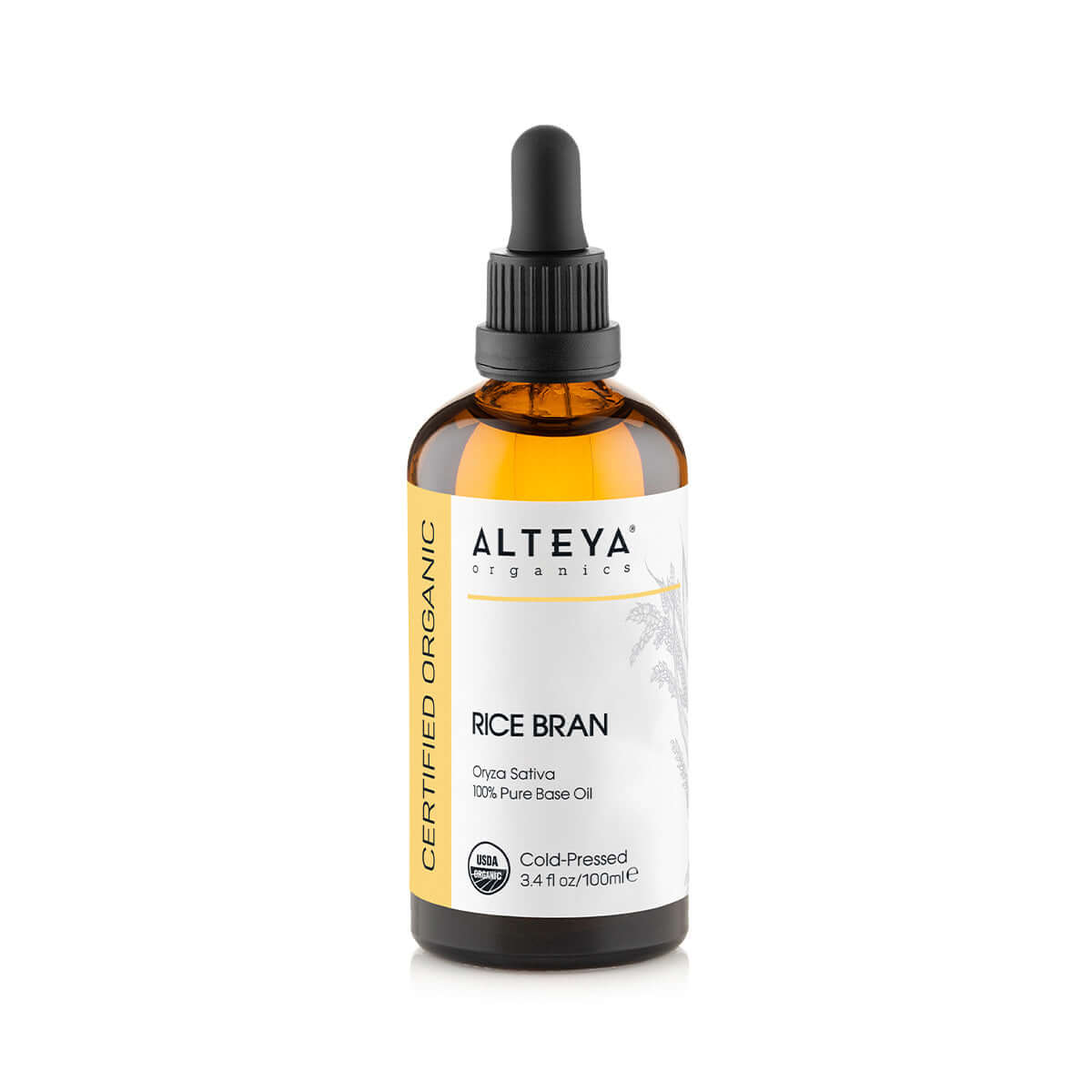 A bottle of Alteya Organics' Organic Rice Bran Oil 3.4 Fl Oz, known for its remarkable hair growth and skincare formulations.