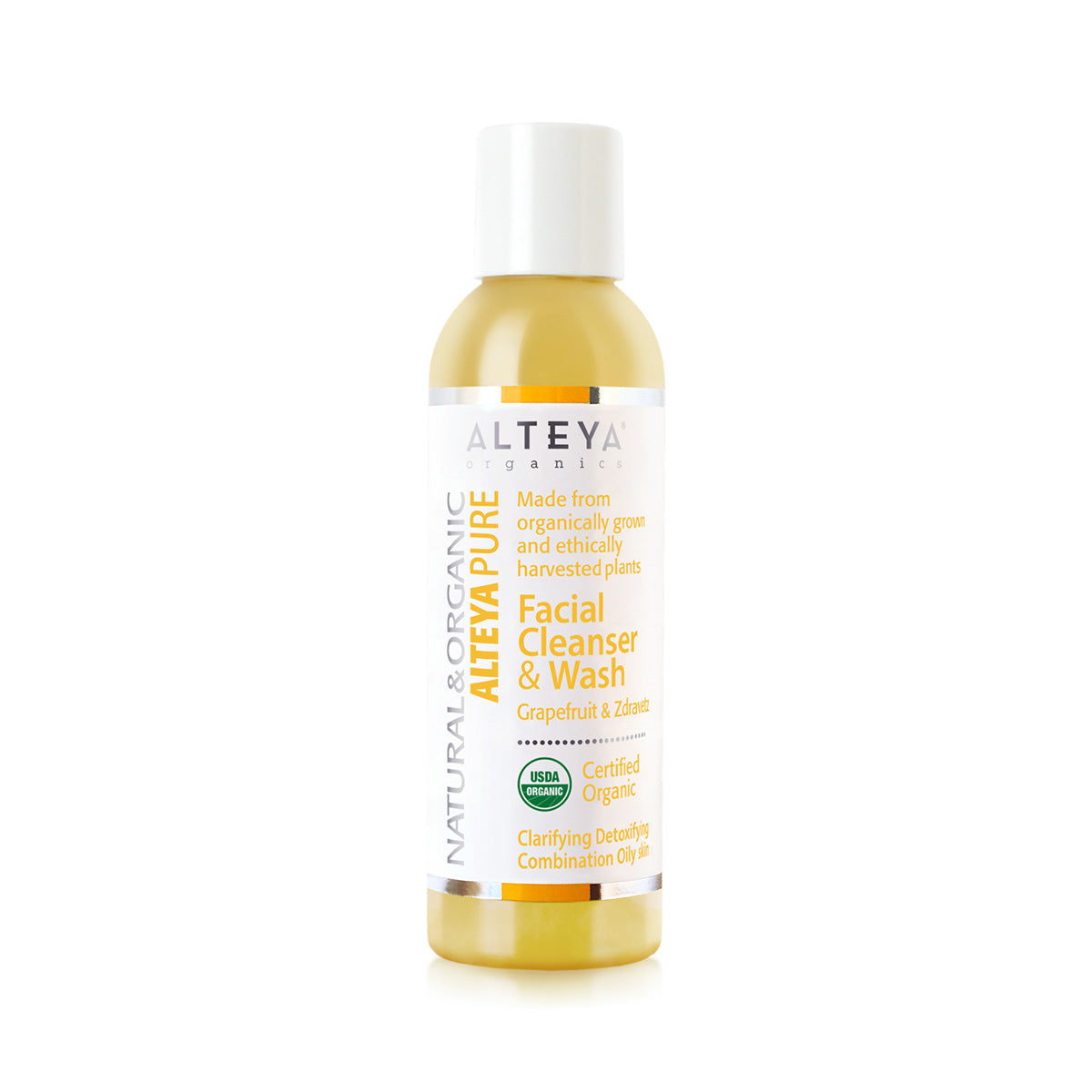 A bottle of Alteya Organics Facial Cleanser & Wash - Grapefruit & Zdravetz on a white background.