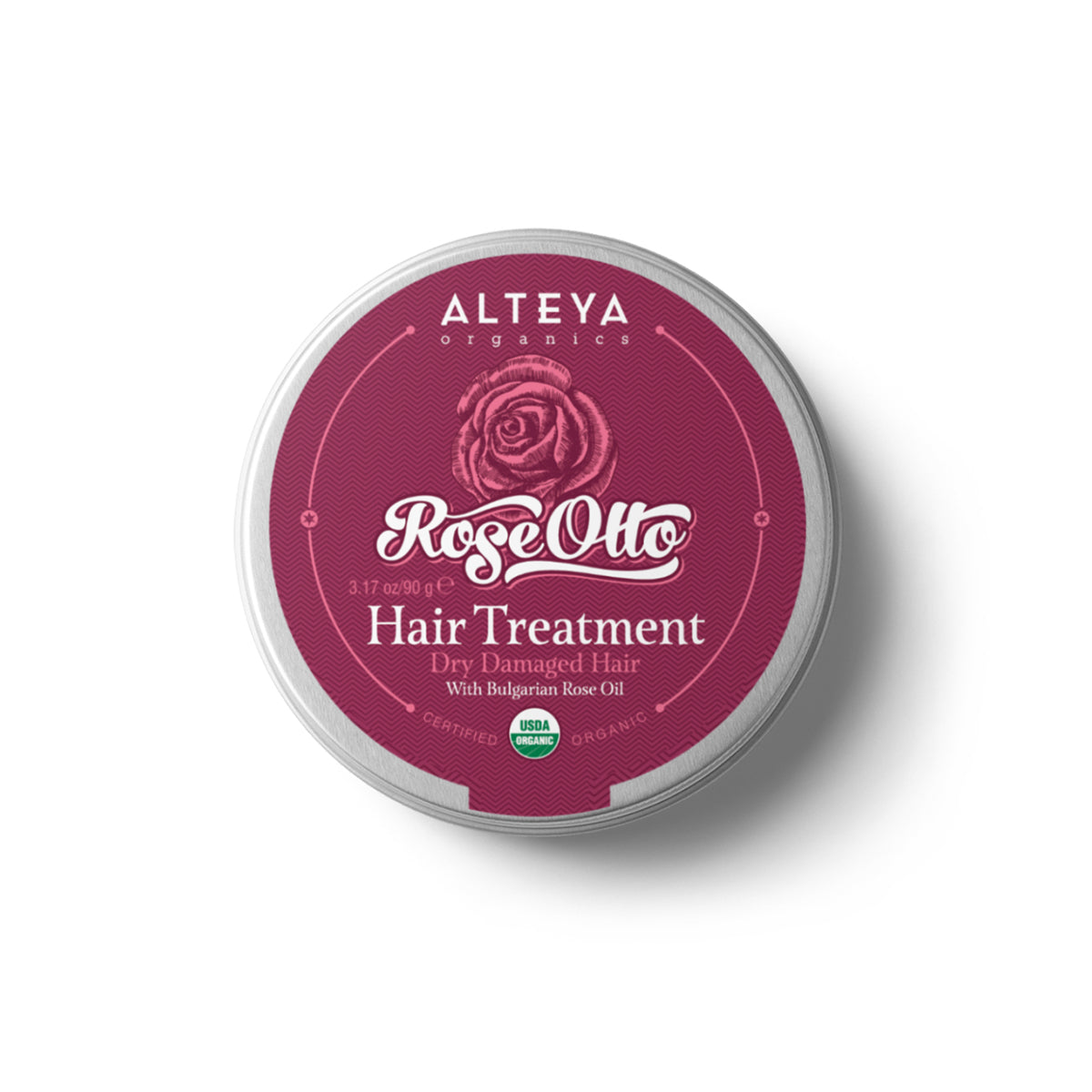 A nourishing tin of Alteya Organics Hair Treatment Rose Otto Dry Damaged Hair Moisturizing.