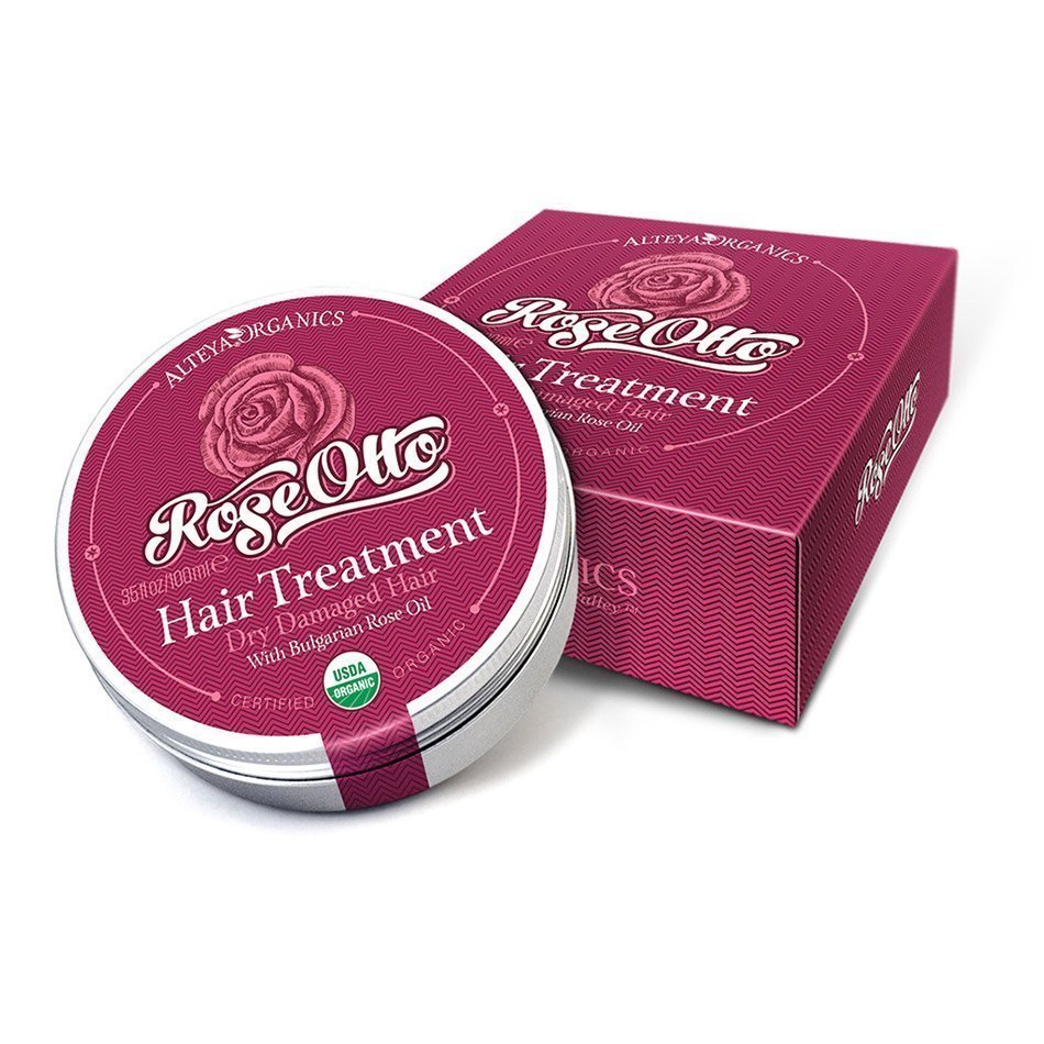 Alteya Organics' Hair Treatment Rose Otto Dry Damaged Hair Moisturizing in a tin box.
