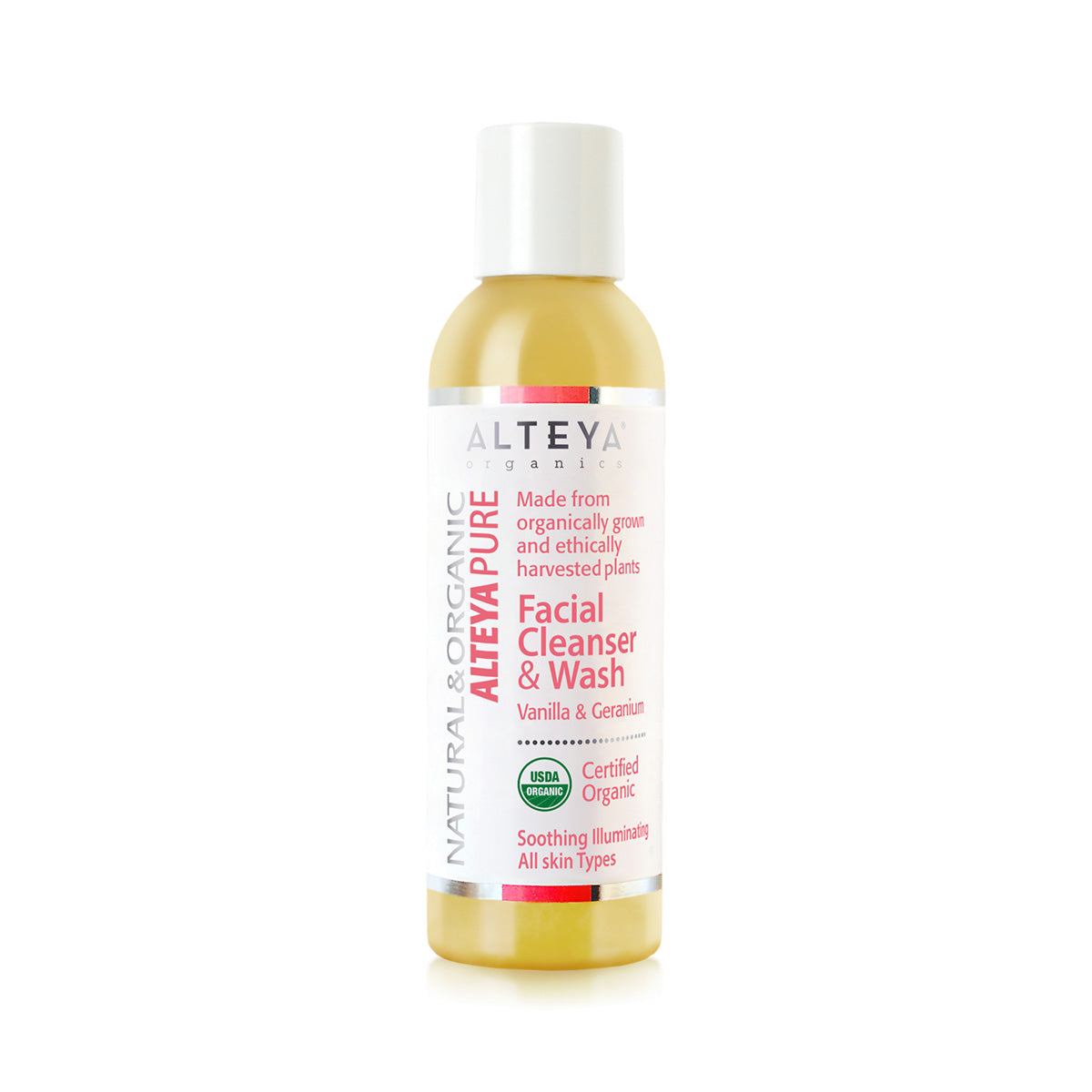 A gentle and organic Facial Cleanser & Wash - Vanilla & Geranium by Alteya Organics, infused with the soothing scent of vanilla and geranium.