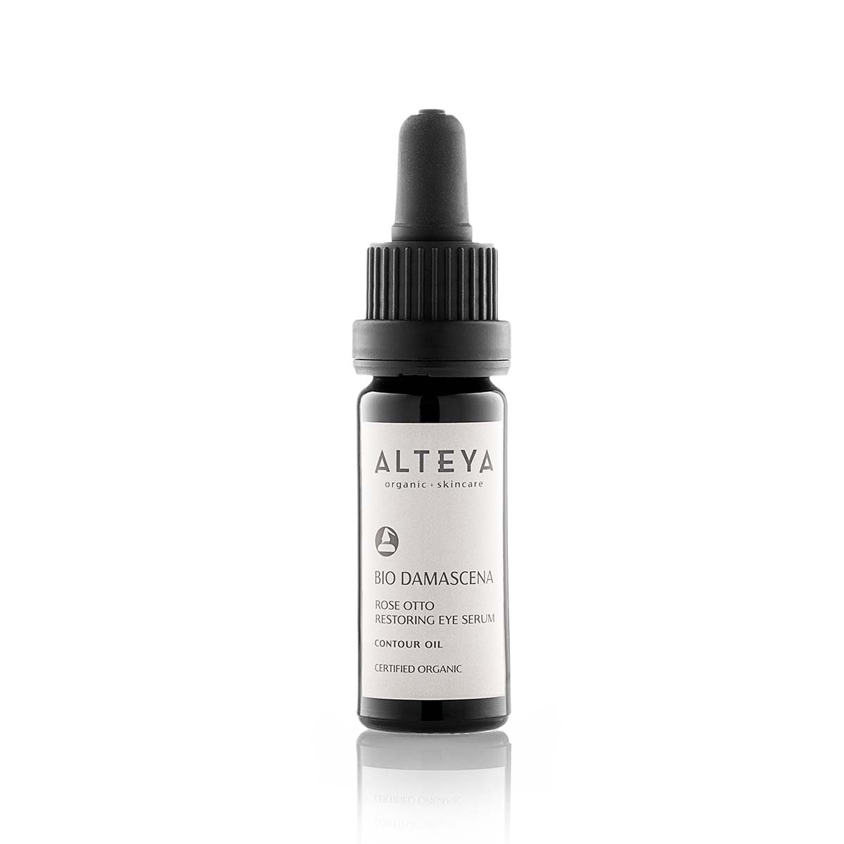 A bottle of Alteya Organics Bio Damascena Rose Otto Restoring Eye Serum, known for its skin-reviving complex, on a white background.