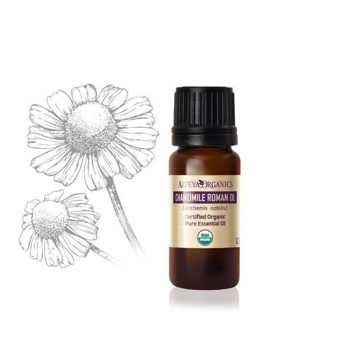 Alteya Organics Chamomile, Roman essential oil, perfect for skincare and aromatherapy, with a drawing of a flower.