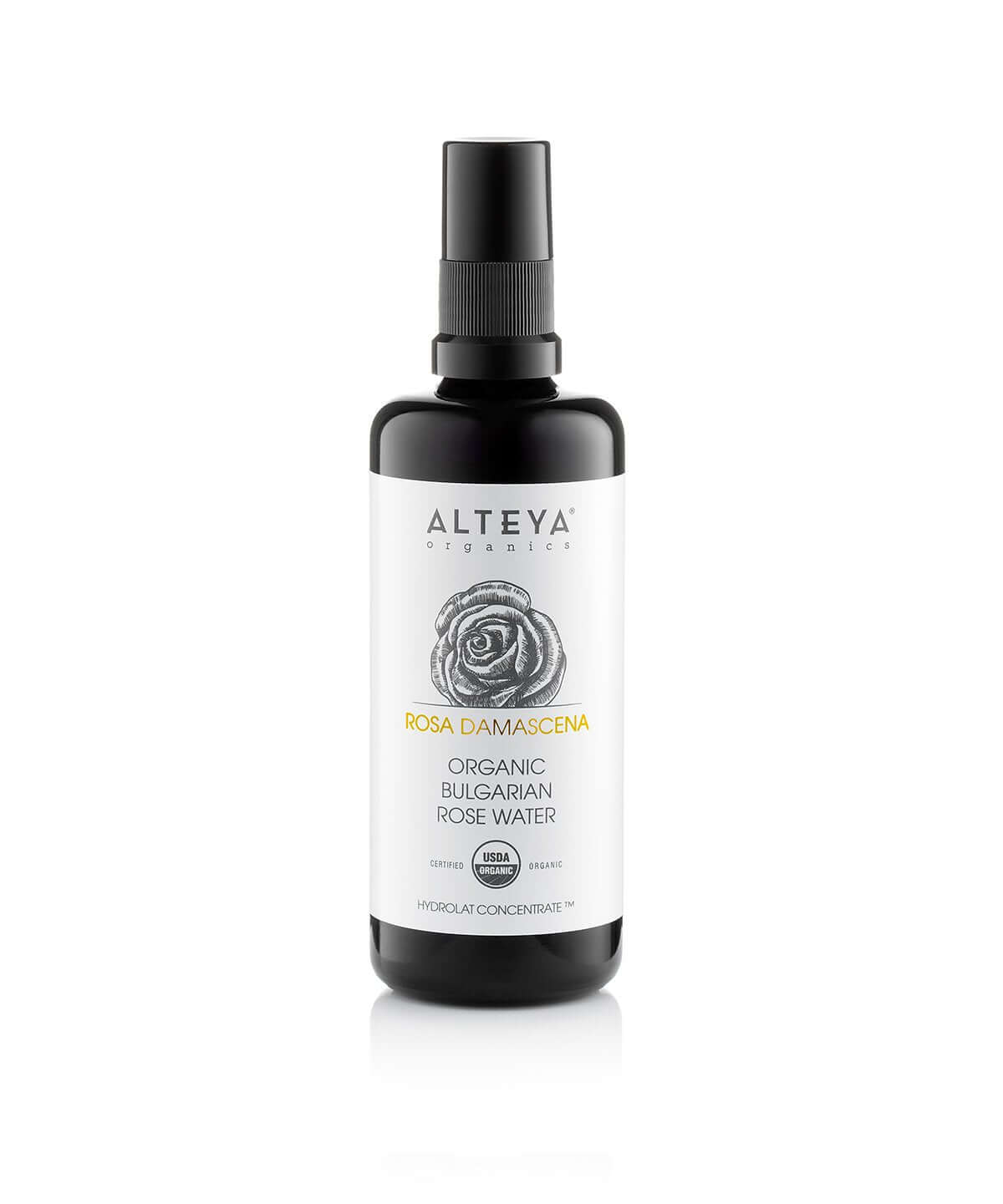 A bottle of Alteya Organics' Organic Bulgarian Rose Water on a white background.
