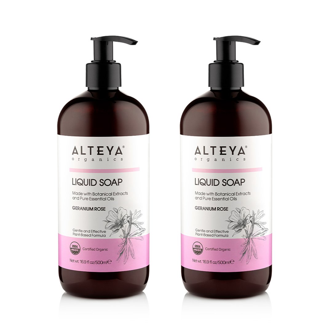 Two bottles of Alteya Organics Liquid Soap Geranium Rose on a white background.