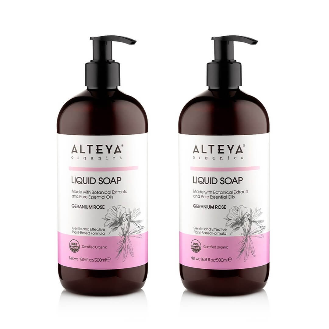 Two bottles of Alteya Organics Liquid Soap Geranium Rose on a white background.