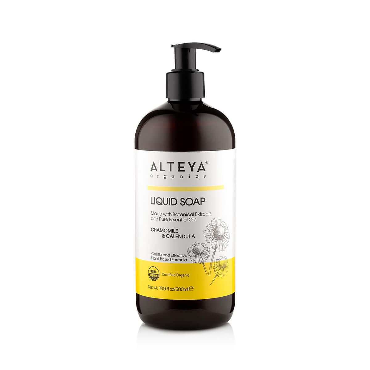 A bottle of Alteya Organics Liquid Soap Chamomile & Calendula, displayed on a white background.