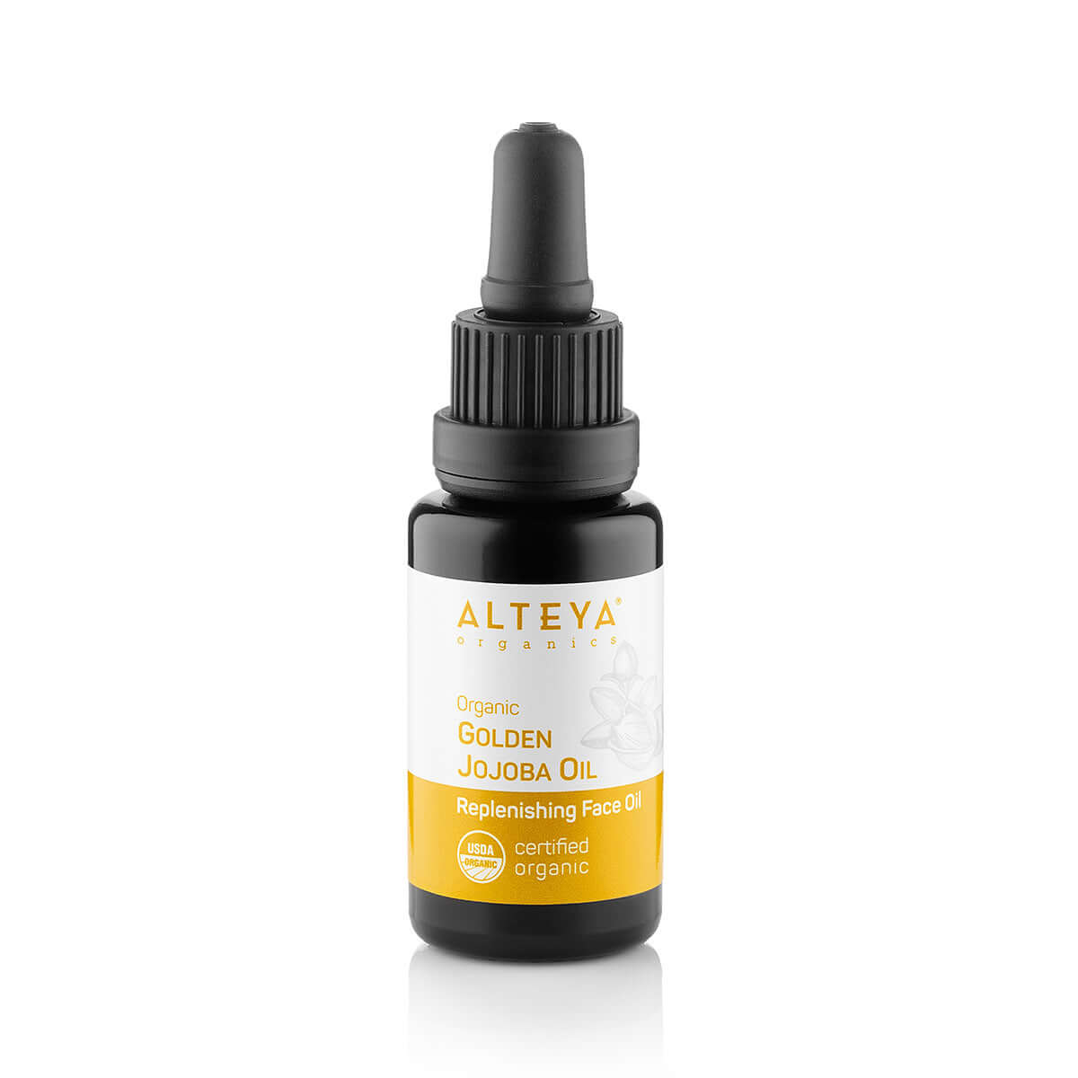 A bottle of Alteya Organics' Organic Golden Jojoba Oil - 1.7 Fl Oz/50mL, promoting skin balance and organic properties, displayed on a white background.