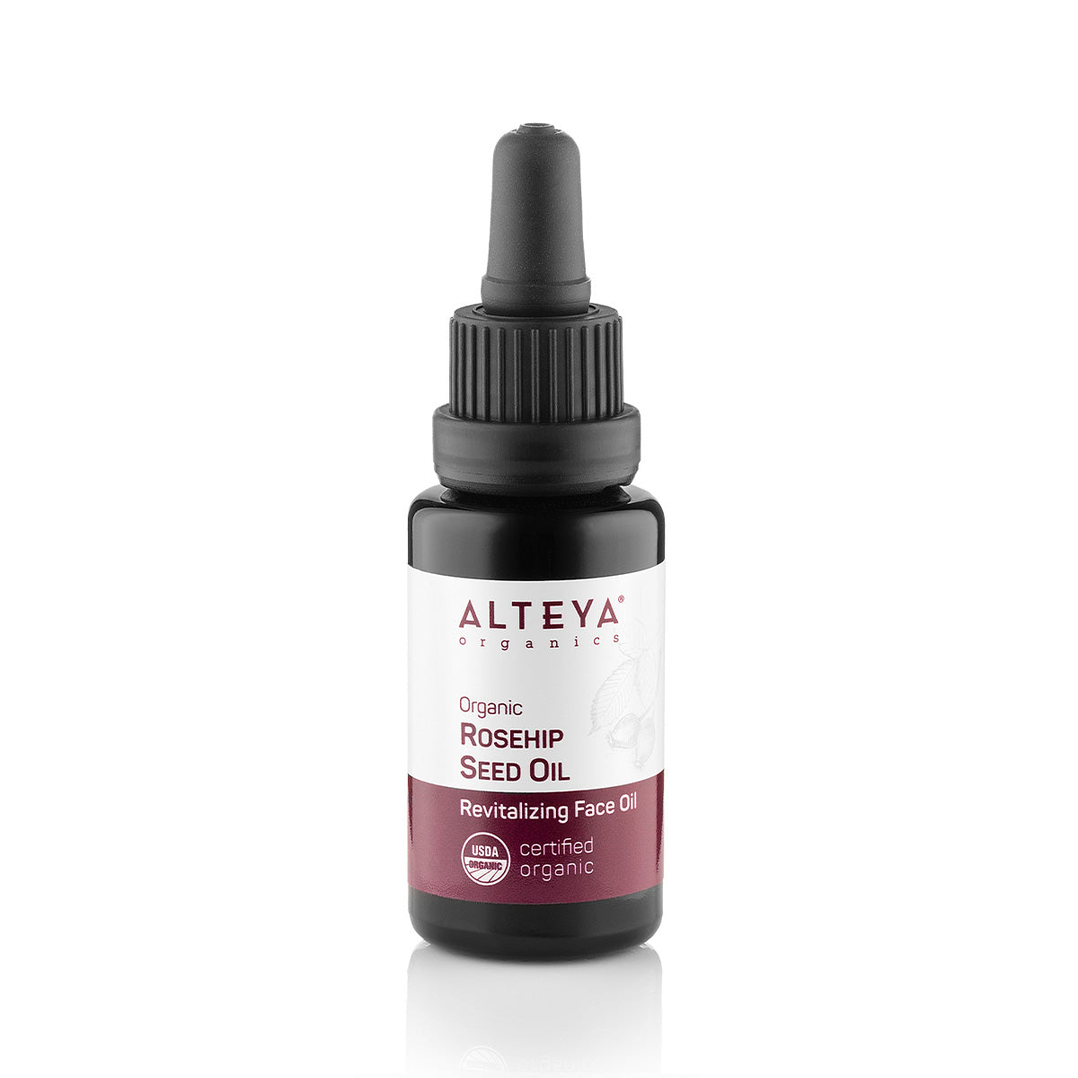 A bottle of Alteya Organics Organic Rose Hip Seed Oil - 0.68 Fl Oz, perfect for dry, sagging, or demanding skin prone to skin damage and wrinkles, showcased on a clean white background.