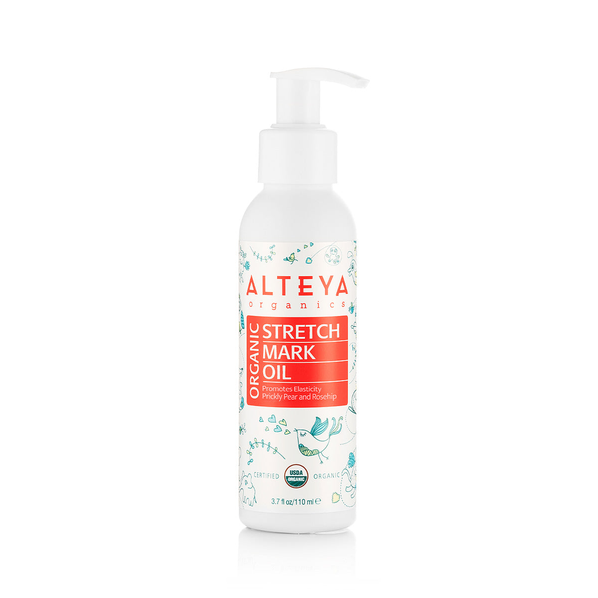 A premium blend bottle of Alteya Organics Pregnancy Stretch Mark Oil Certified organic containing plant based oils, enriched with Bulgarian rose oil, displayed on a clean white background.
