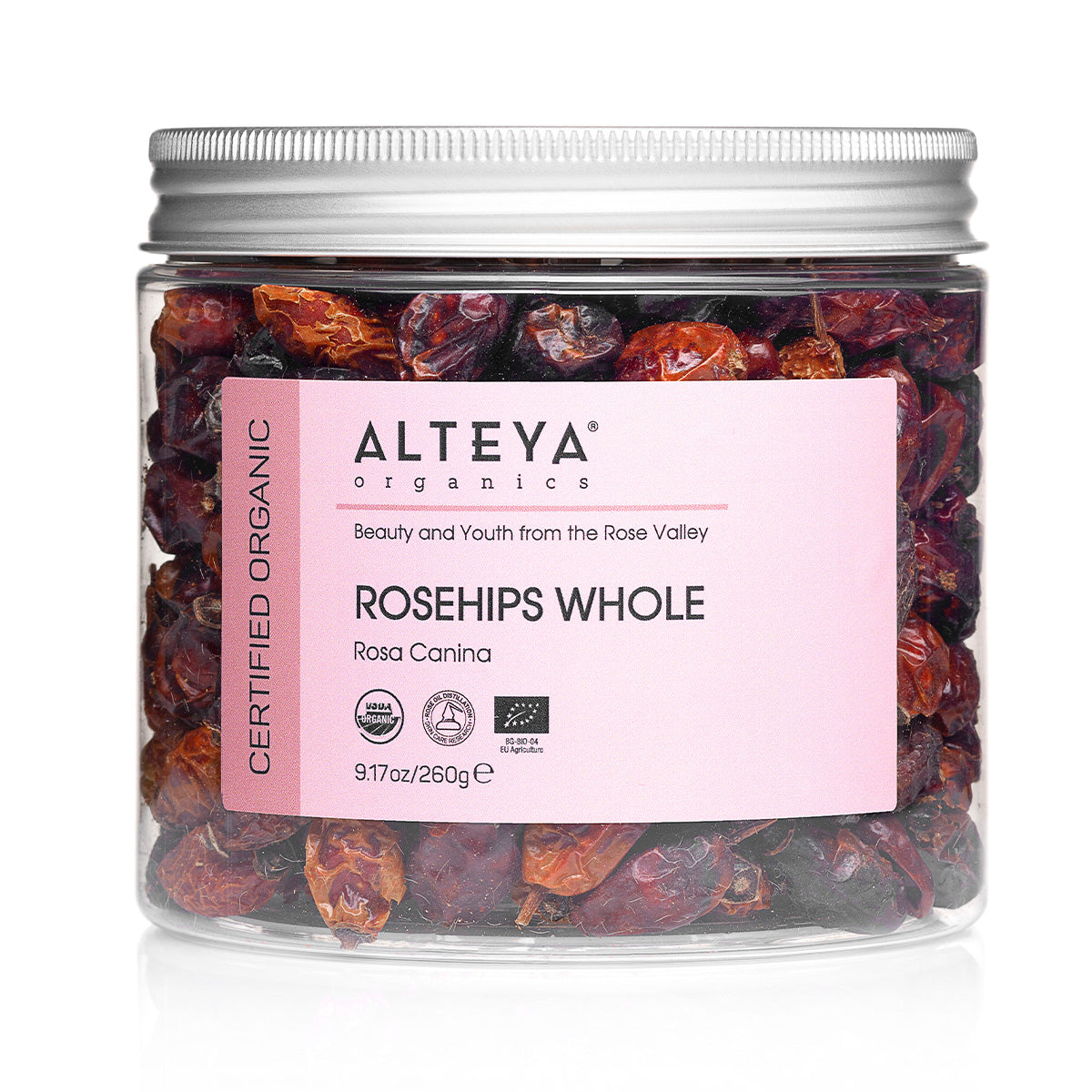 A jar of Alteya Organics Dry Whole Rose Hips on a white background.