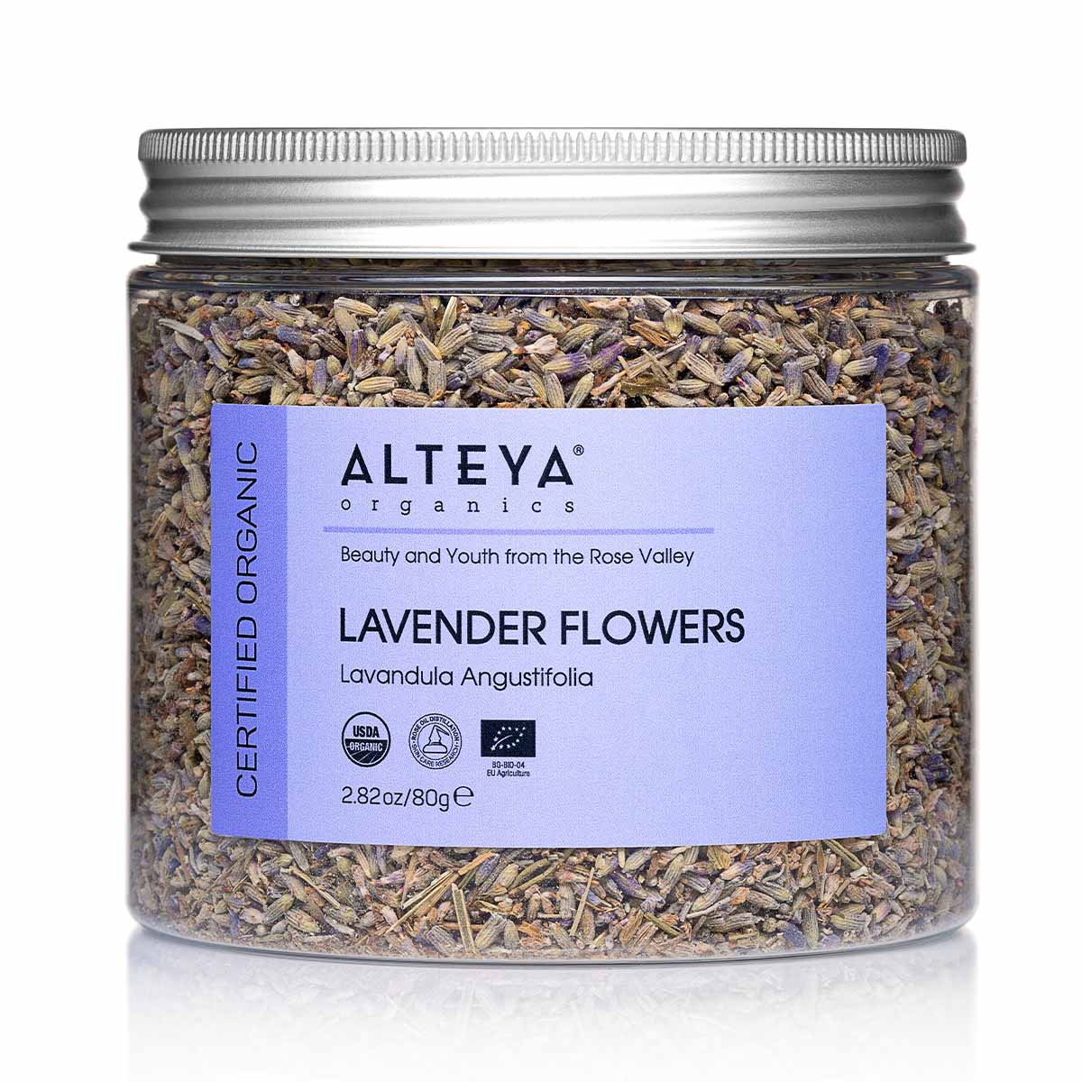 An Alteya Organics jar of Organic Lavender Dry Flowers on a white background.