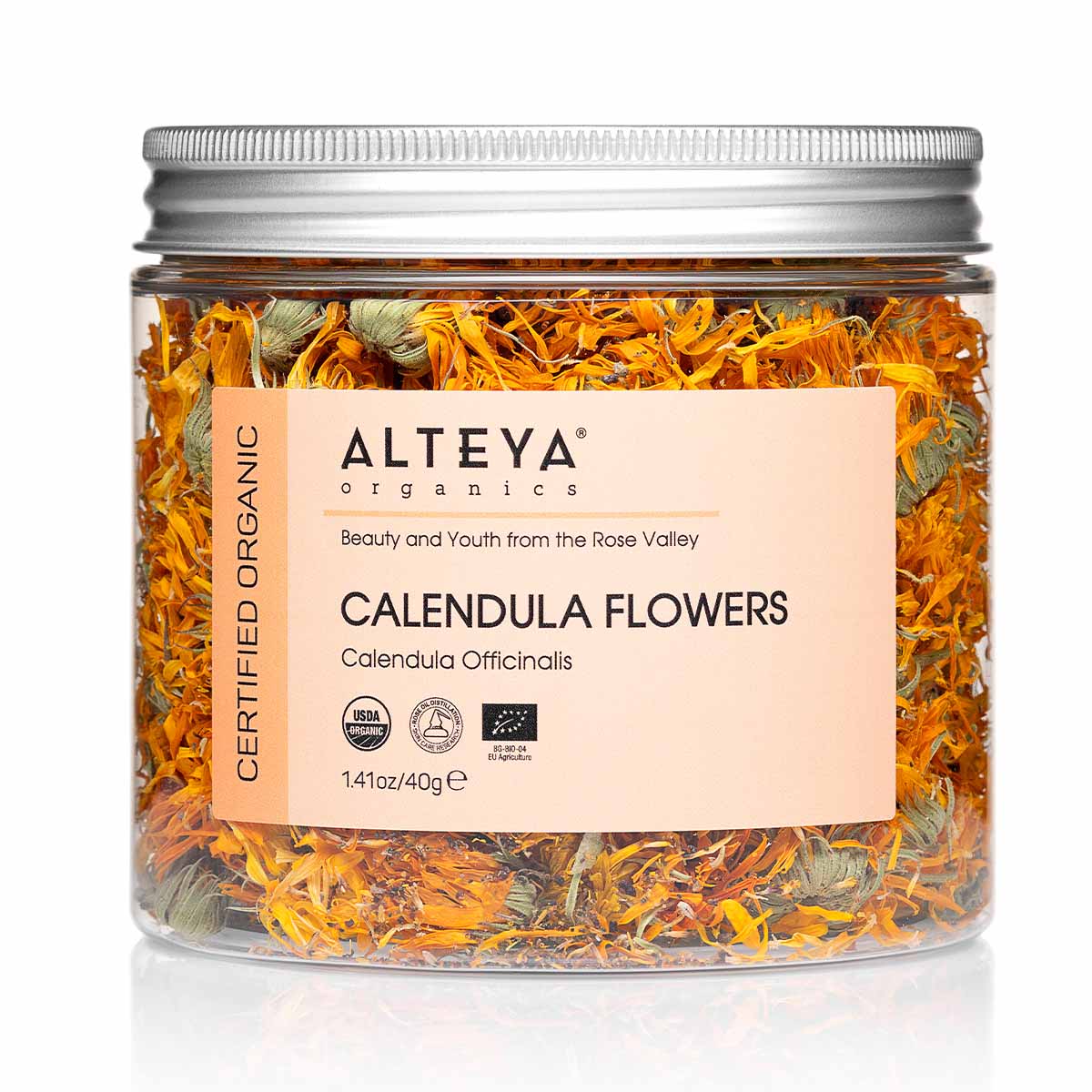 Dry Calendula Flowers in a jar from Alteya Organics promote wellness.