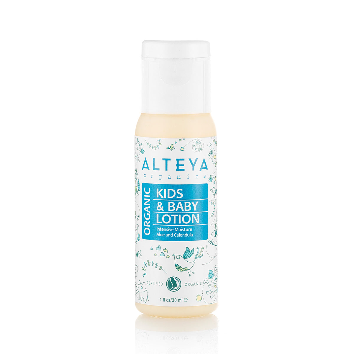 An Alteya Organics organic lotion for delicate skin in a kids-friendly bottle on a white background: Organic Baby Body Lotion Certified Organic - 1 Fl Oz.