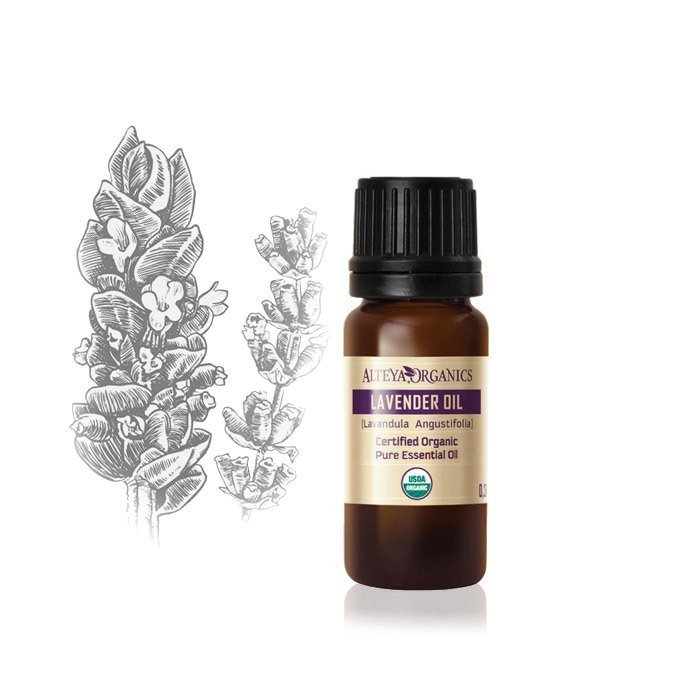 Alteya Organics' Lavender essential oil, made from Lavandula Angustifolia, for perfumery and skincare, with a drawing of a flower.