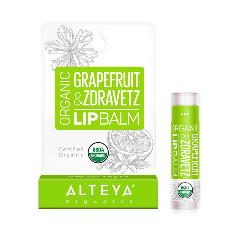 Grapefruit Zdravetz lip balm from Alteya Organics is designed to moisturize and soften dry lips.