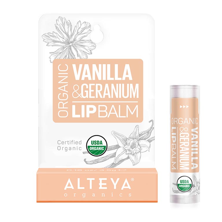 Alteya Organics' Vanilla Geranium Lip Balm provides moisture and suppleness to lips.