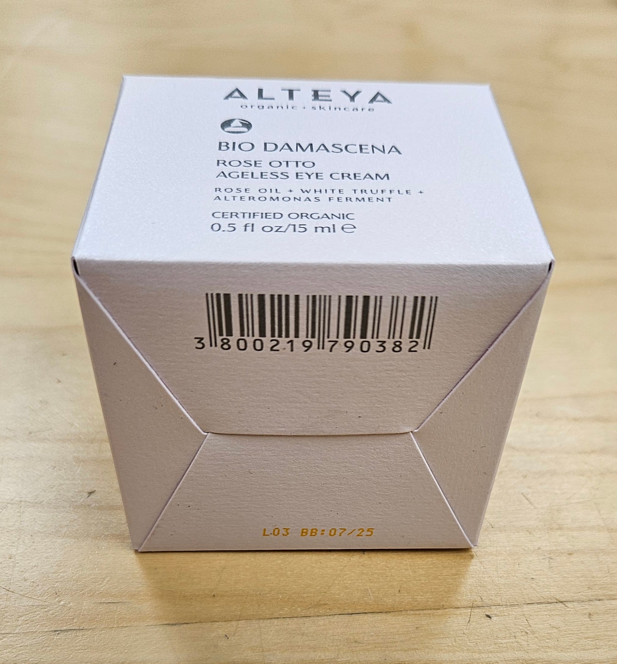 A white box with a barcode on it containing important SEO keywords: Alteya Organics Bio Damascena Rose Otto Ageless Eye Cream.