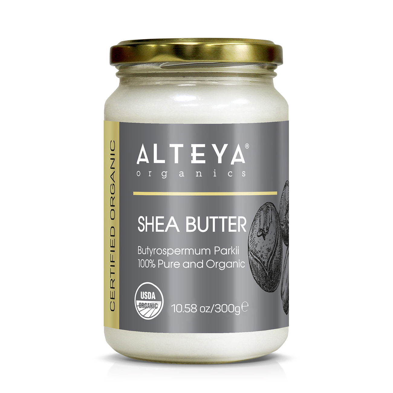 A jar of Alteya Organics' Shea Butter - USDA Organic - 10.58 Oz/300g Glass Jar, known for its moisturizing properties, on a white background.