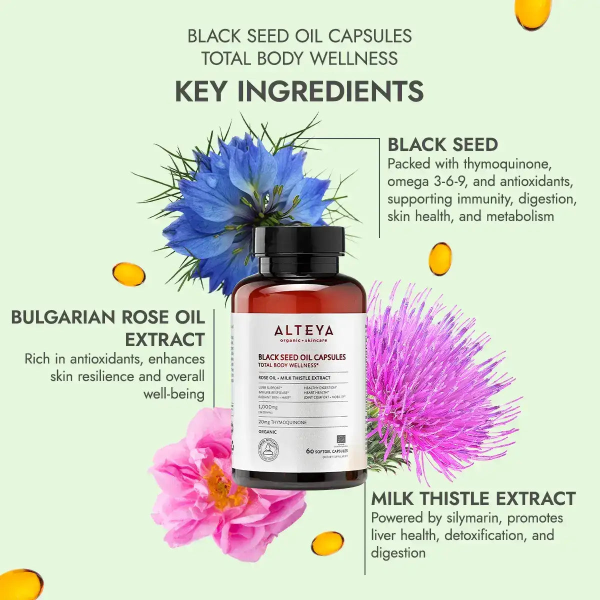black seed oil capsules rose oil, milk thistle extract, featuring organic blackseed oil