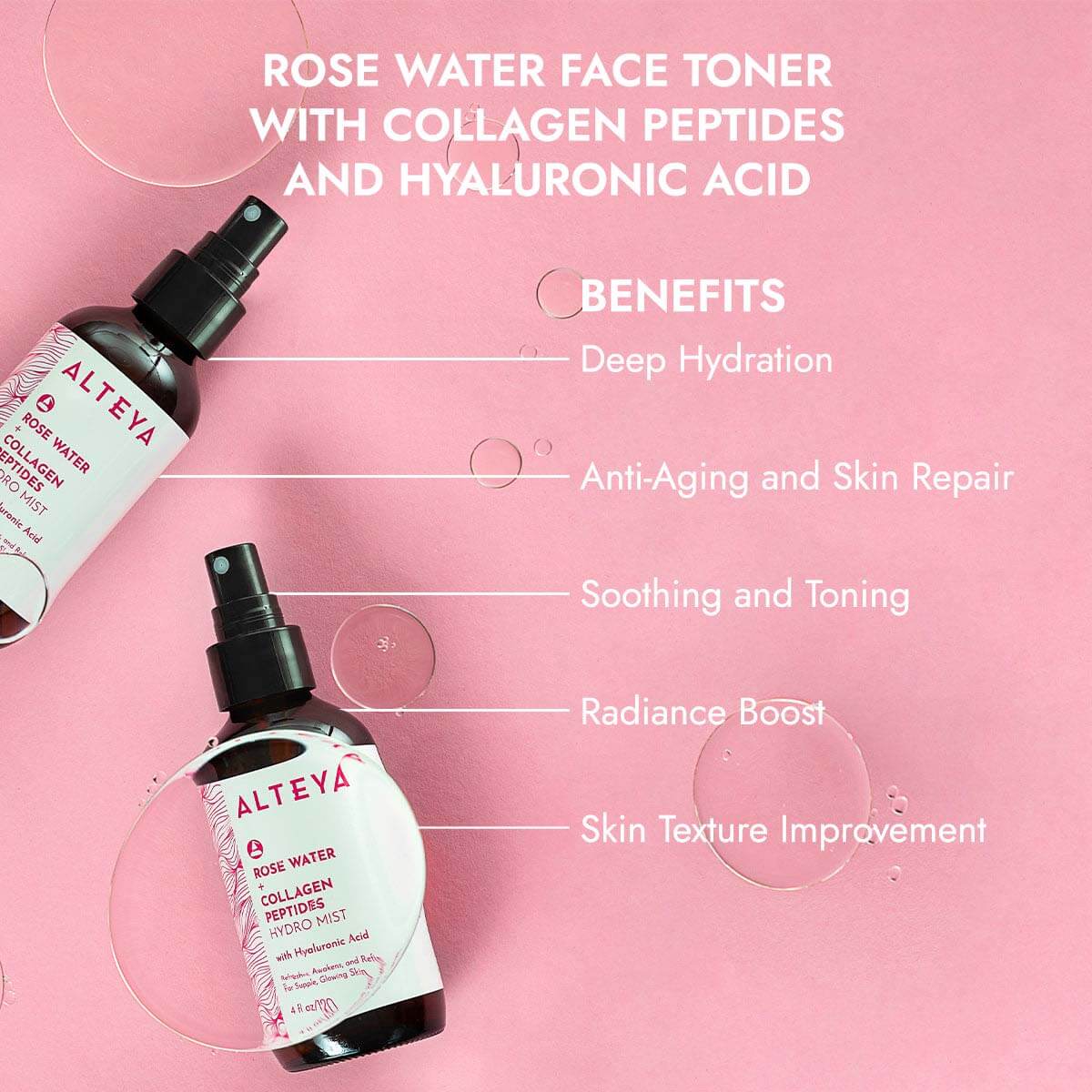 Rose Water Face Toner - Collagen Peptides & Hyaluronic Acid