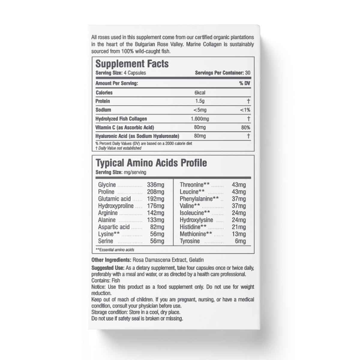 Explore the supplement facts label for COLLAGEN PEPTIDES +ROSE OIL COMPLEX, featuring Marine Hydrolyzed Collagen Type I & III, Vitamin C, and Hyaluronic Acid to boost skin elasticity. Discover ingredients, serving size, nutrition info, amino acids profile, and usage directions to support vibrant hair and nails.