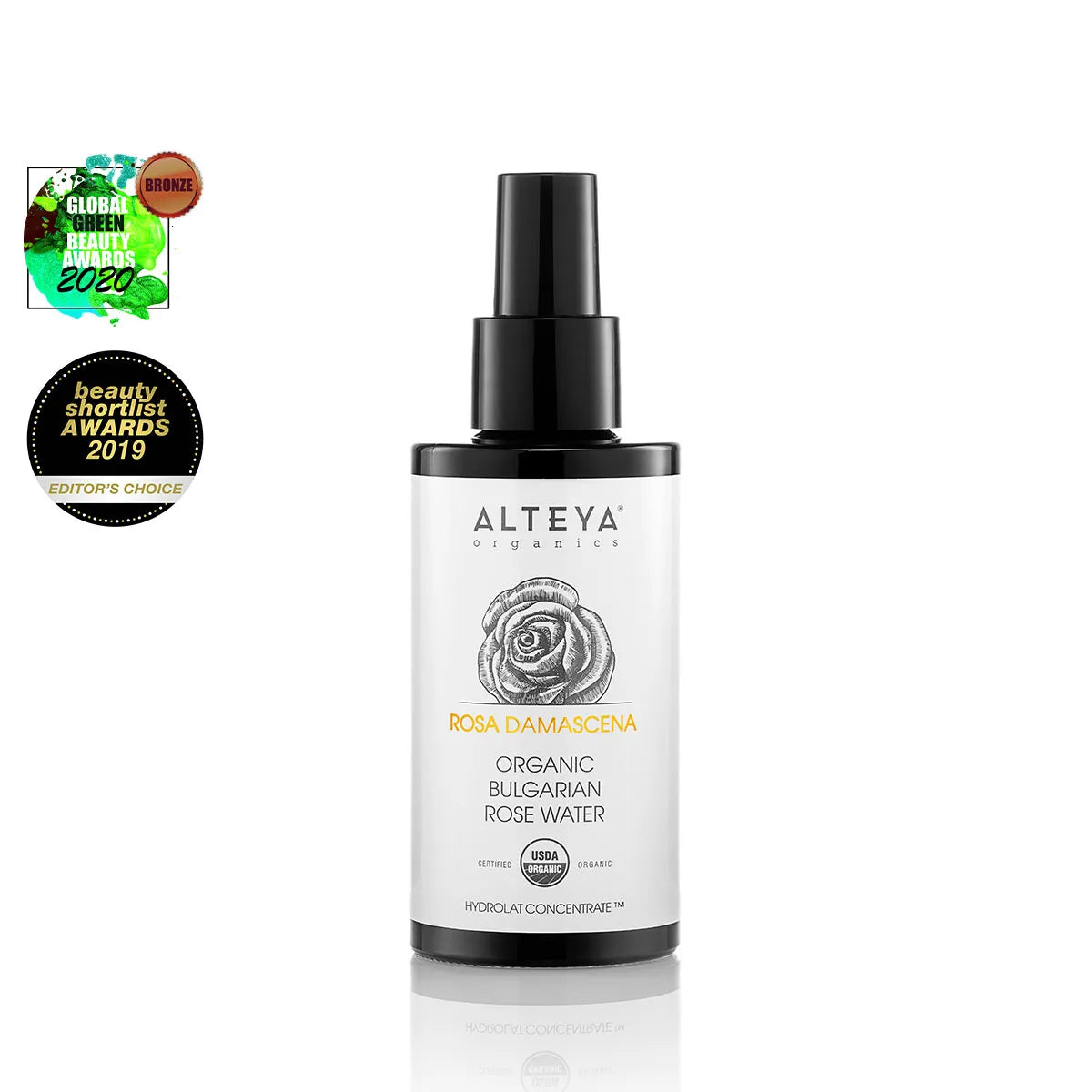 The Alteya's Organic Toner Mist, presented in a violet glass spray bottle of 3.4 fl oz, is a rose water product known for its hydrating and soothing properties