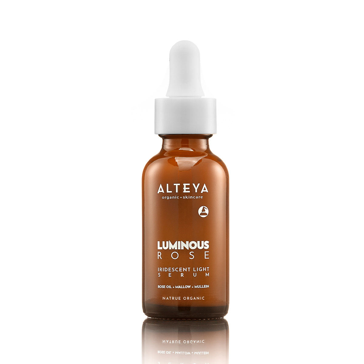 A brown glass bottle with a white dropper cap labeled "ALTEYA Organic Skincare Iridescent Light Serum Luminous Rose." The label notes it is a moisturizing serum containing brightening Mullein Extract, rose oil, mallow, and willowherb, and is organic.