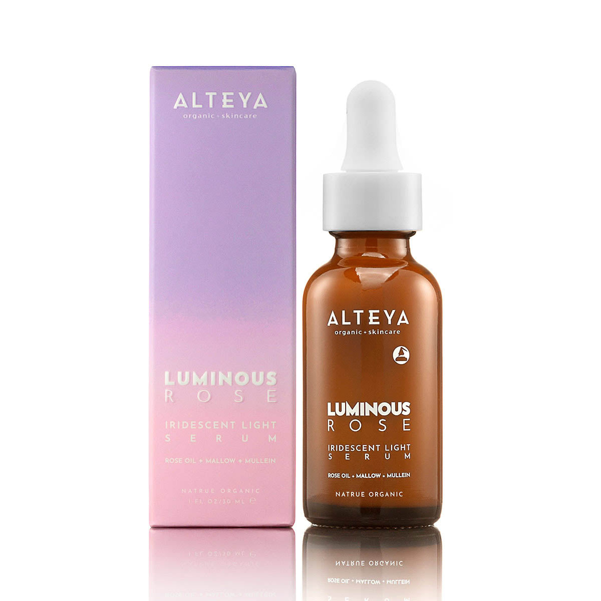 A bottle of Iridescent Light Serum Luminous Rose with moisturizing serum next to its pink packaging box, isolated on a white background.