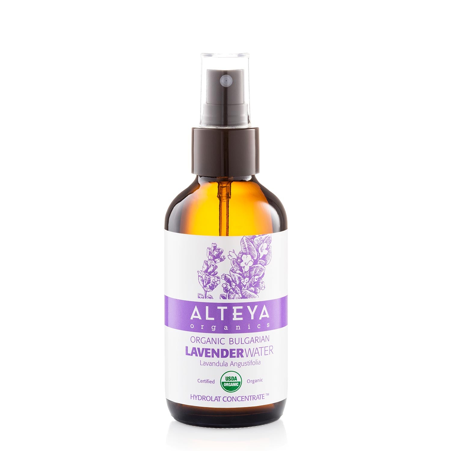 A brown spray bottle labeled "Bulgarian Organic Lavender Water – Glass Spray" showcases a purple label with a floral design, making it perfect for enhancing your skincare routine with the soothing essence of organic lavender.