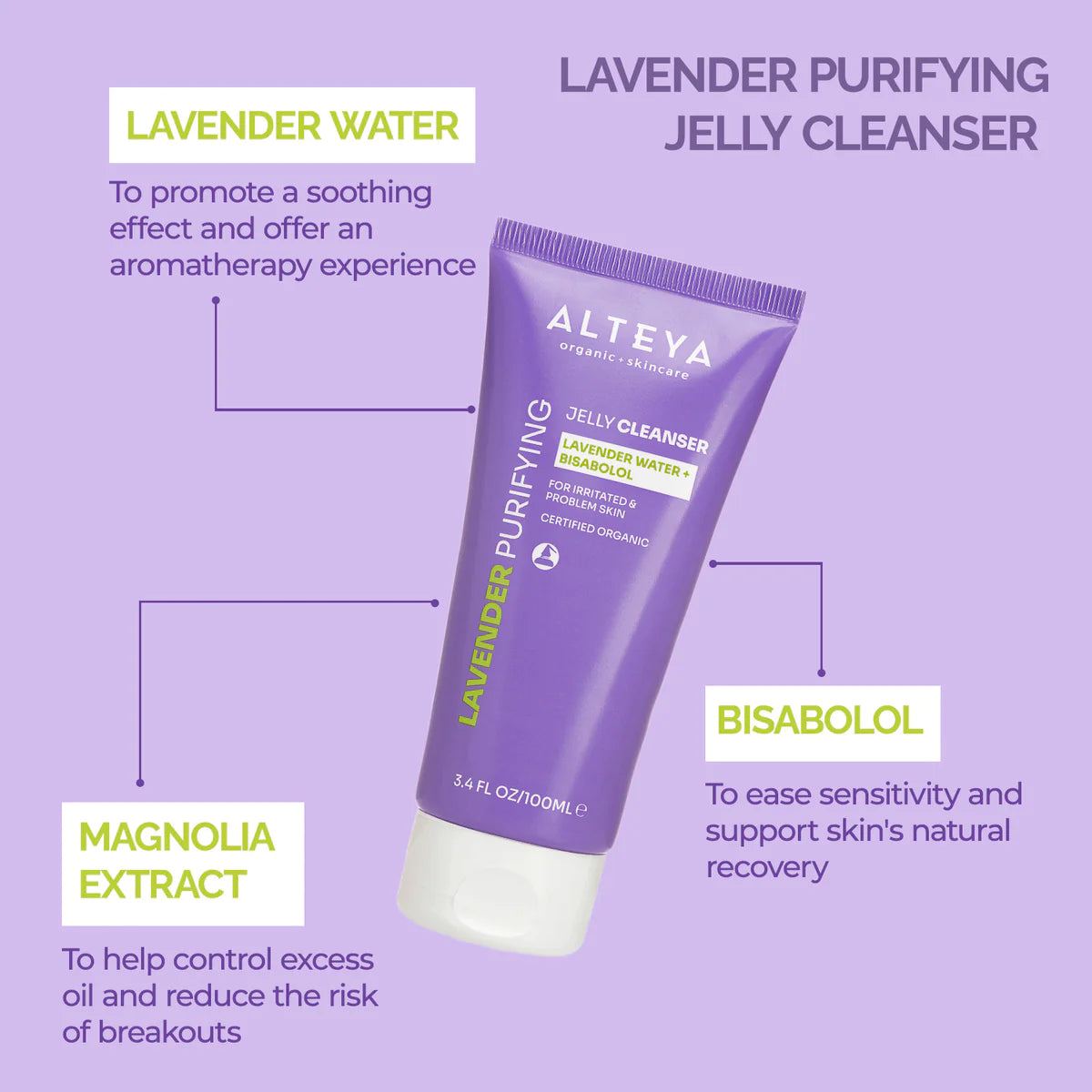 This high-quality Alteya Organics Lavender Purifying Jelly Cleanser is made with organic lavender water and soothing bisabolol, ensuring a refreshing and purifying cleansing experience.