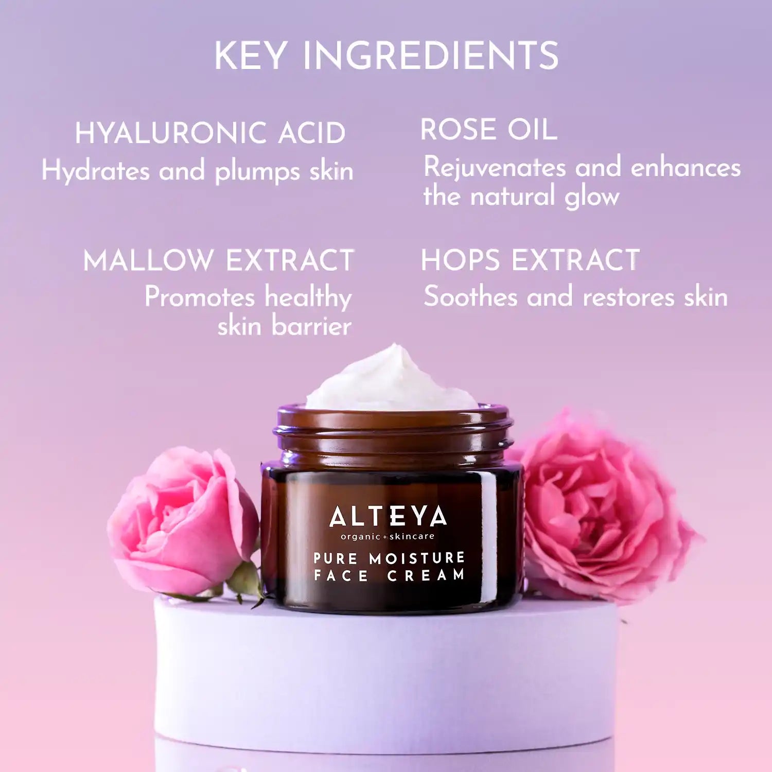 A jar of Pure Moisture Face Cream Luminous Rose by Alteya is open, accompanied by pink roses. The text emphasizes its key ingredients: Hyaluronic Acid for hydration, Rose Oil for brightening, as well as Mallow Extract and Hops Extract for their anti-aging benefits.