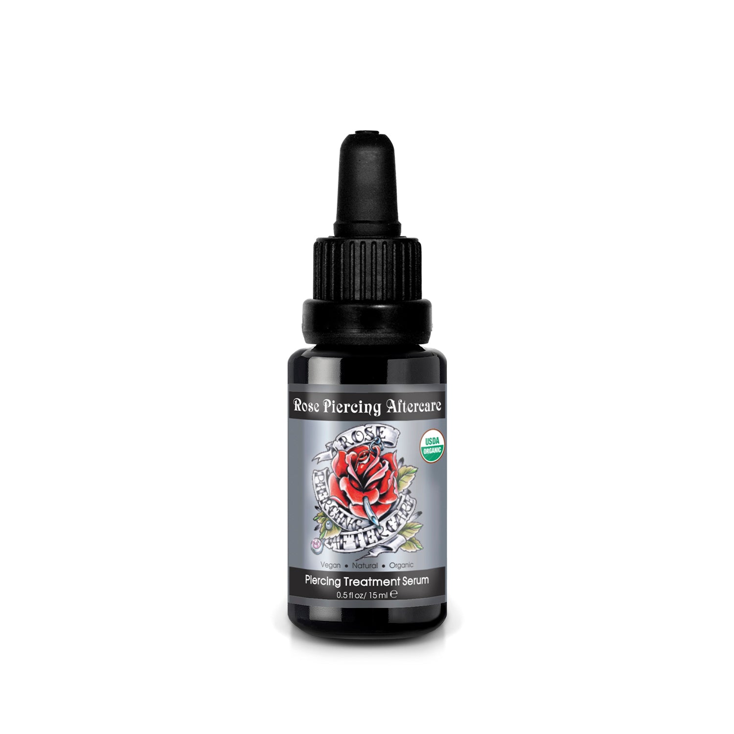 A bottle of Alteya Organics' Piercing Aftercare - USDA Certified Organic- 0.5 Fl Oz/15mL, perfect for healing body piercings, on a white background.