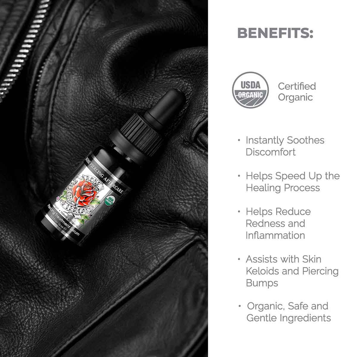 A bottle of Alteya Organics CBD oil on a leather jacket.