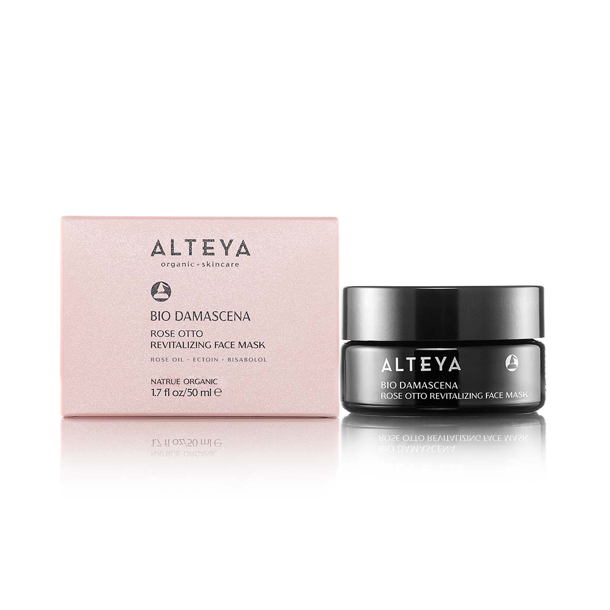 Pink Alteya box next to a dark container of Bio Damascena Rose Otto Revitalizing Face Mask, a hydrating mask infused with antioxidants for a glowing complexion.