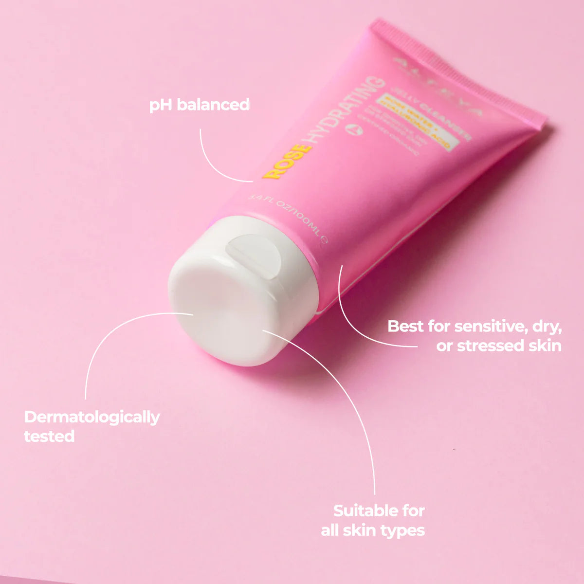 A tube of Alteya Organics Rose Hydrating Jelly Cleanser, enriched with organic rose water and hyaluronic acid, on a pink background.