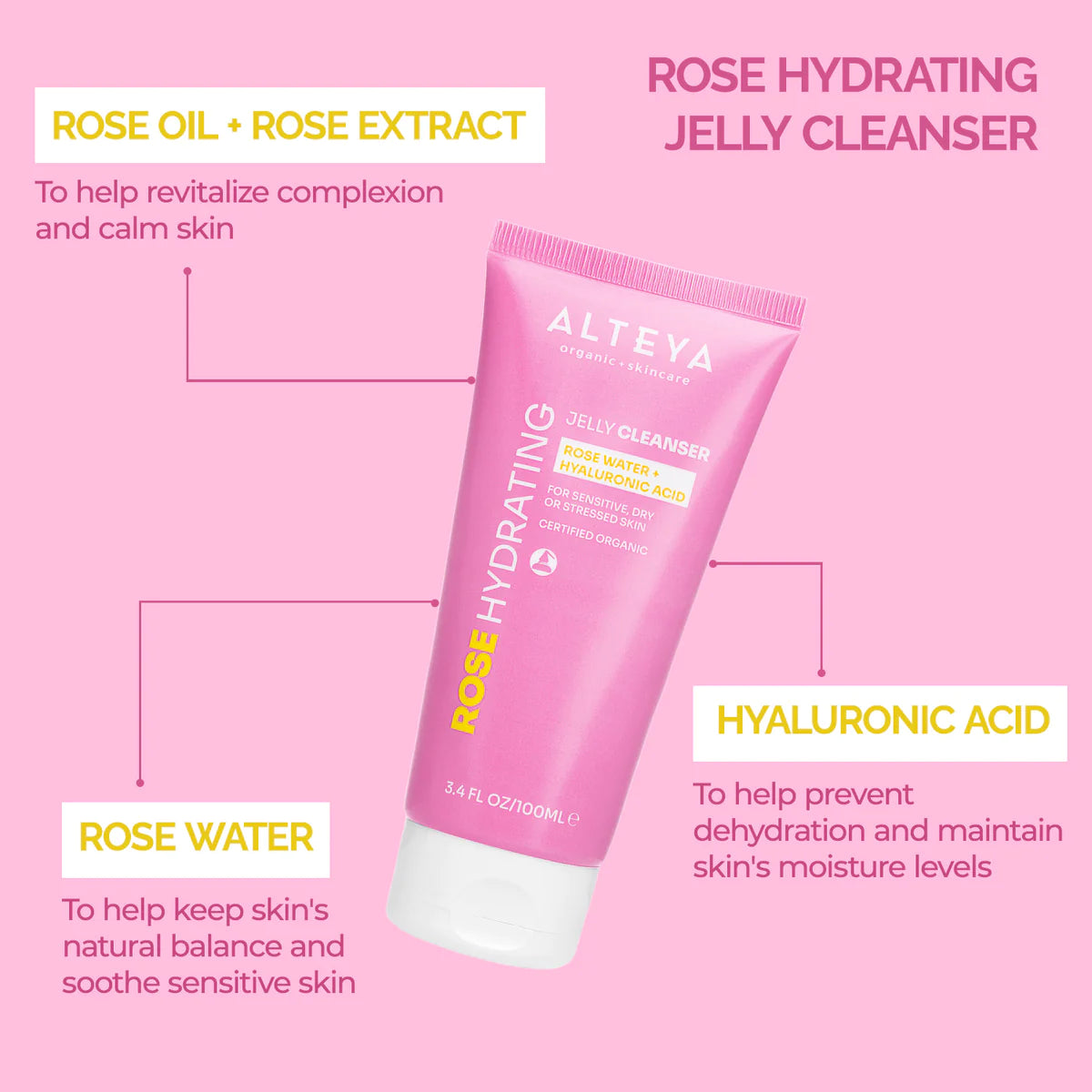 The Alteya Organics Rose Hydrating Jelly Cleanser is enriched with organic rose water and hyaluronic acid, ensuring deep hydration and a refreshing cleansing experience.