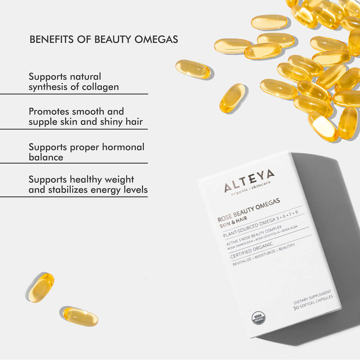 Discover the exceptional benefits of Rose Beauty Omegas, an Alteya Organics dietary formula that supports healthy skin and nourishes hair.